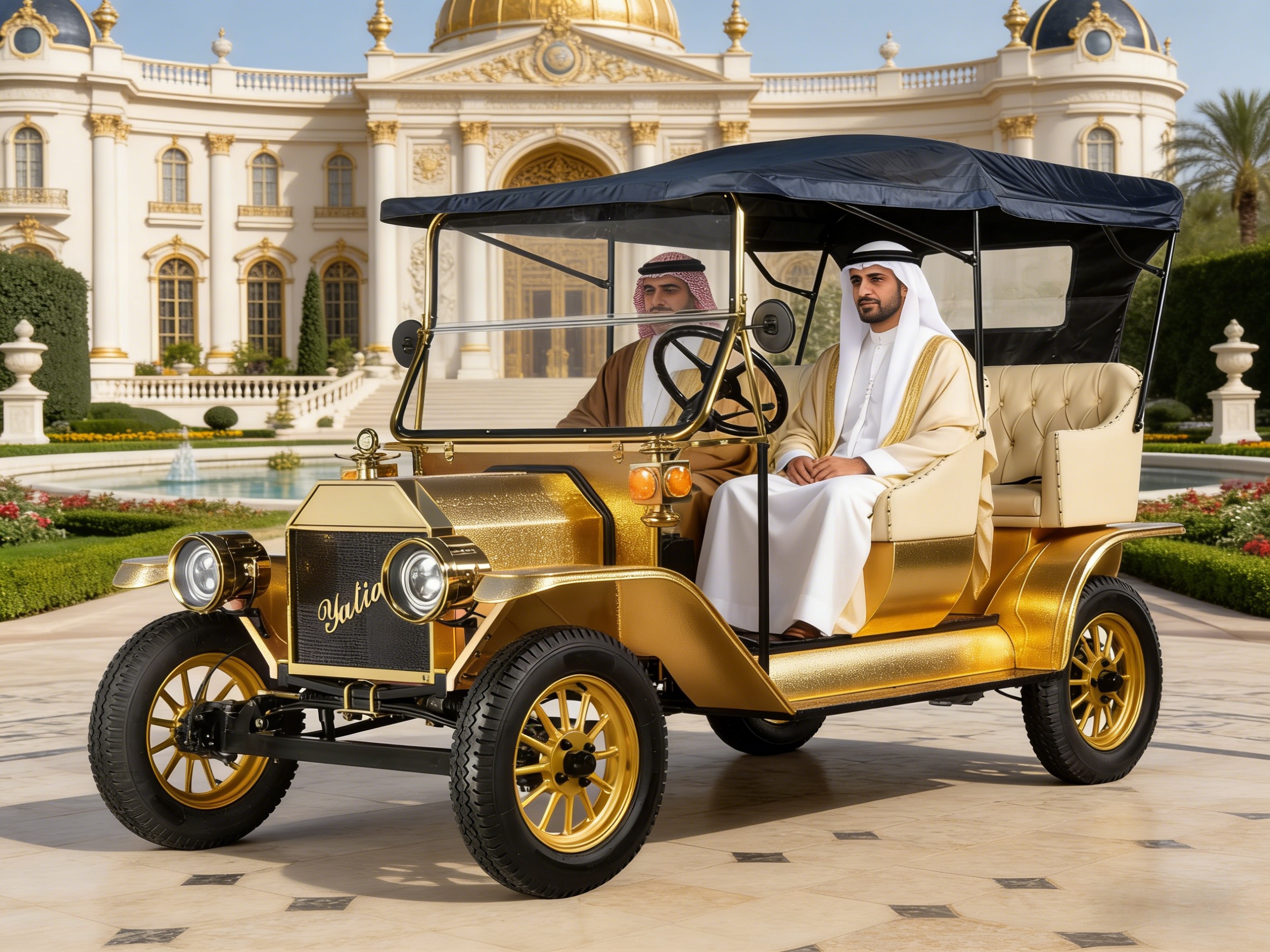 YATIAN Gold Vintage Electric Car - Middle East Resort & Wedding Shuttle سيارة YATIAN Gold الكهربائية القديمة لمشاهدة معالم المدينة لسوق الشرق الأوسط