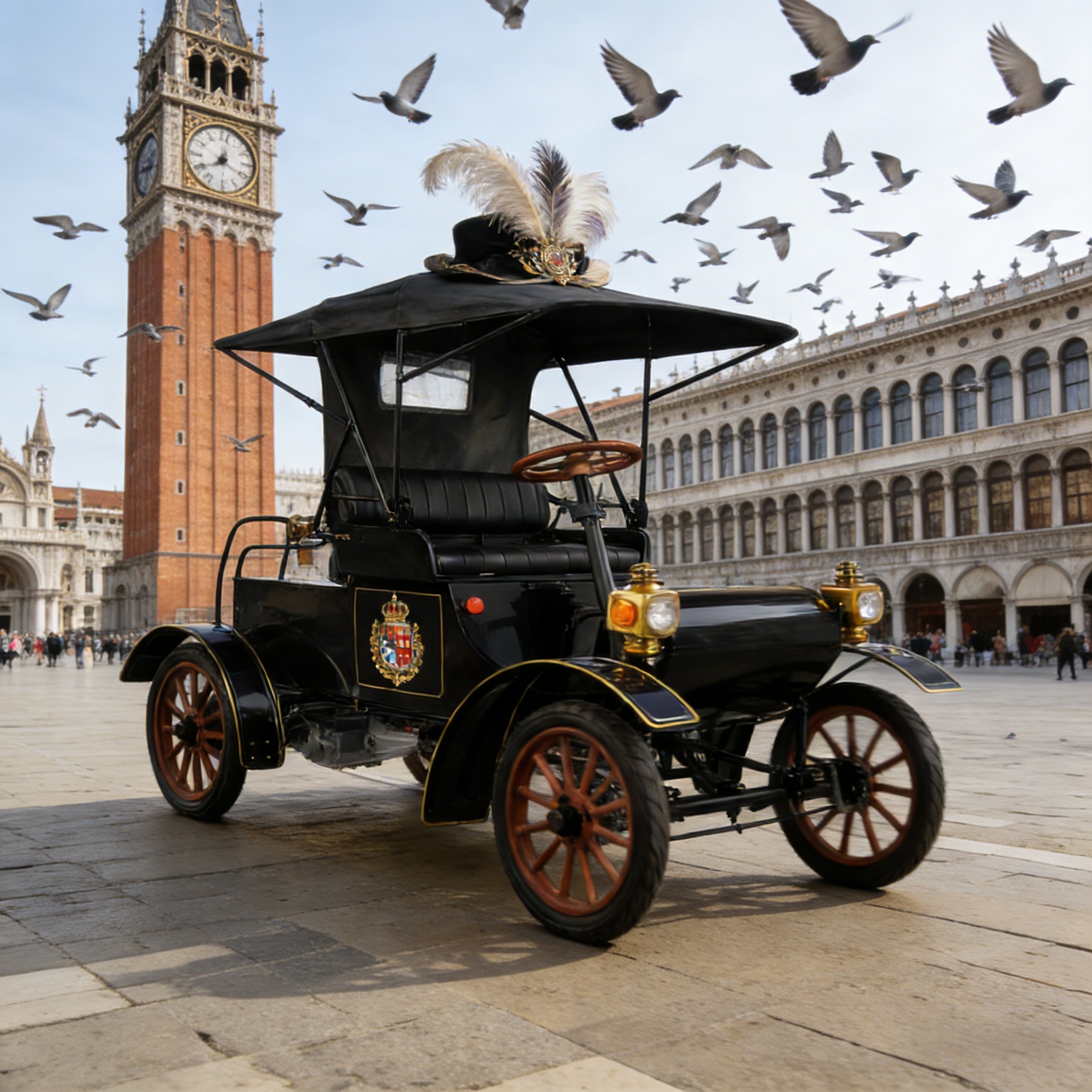 سيارة كهربائية ملكية سوداء عتيقة - مشهد سياحي ثقافي راقي أمام متحف اللوفر (مع زخرفة المظلة الحمراء المخملية)