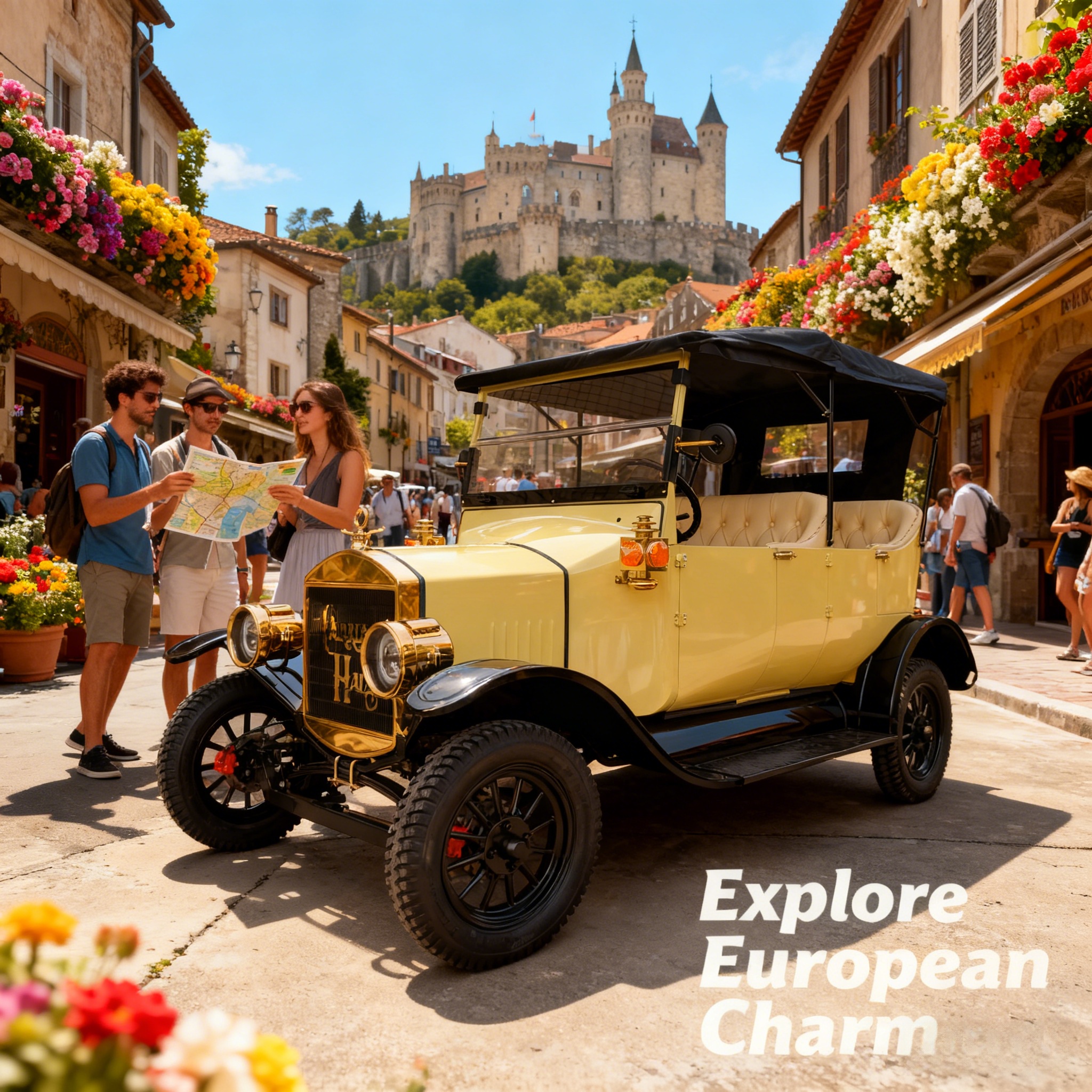 سيارة Yatian Red الكهربائية لمشاهدة معالم المدينة - مطابقة لمناظر بحر إيجه باللونين الأزرق والأبيض في سانتوريني