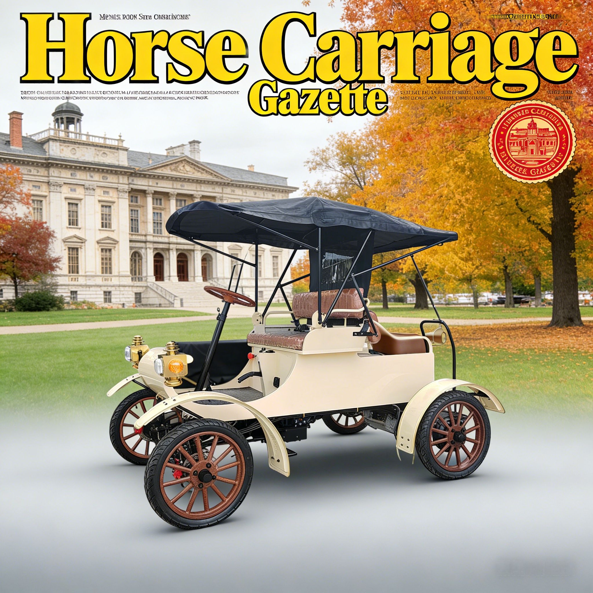 سيارة كهربائية قديمة بيضاء - مشهد غلاف مجلة 'Horse Carriage Gazette' (في حديقة الخريف)