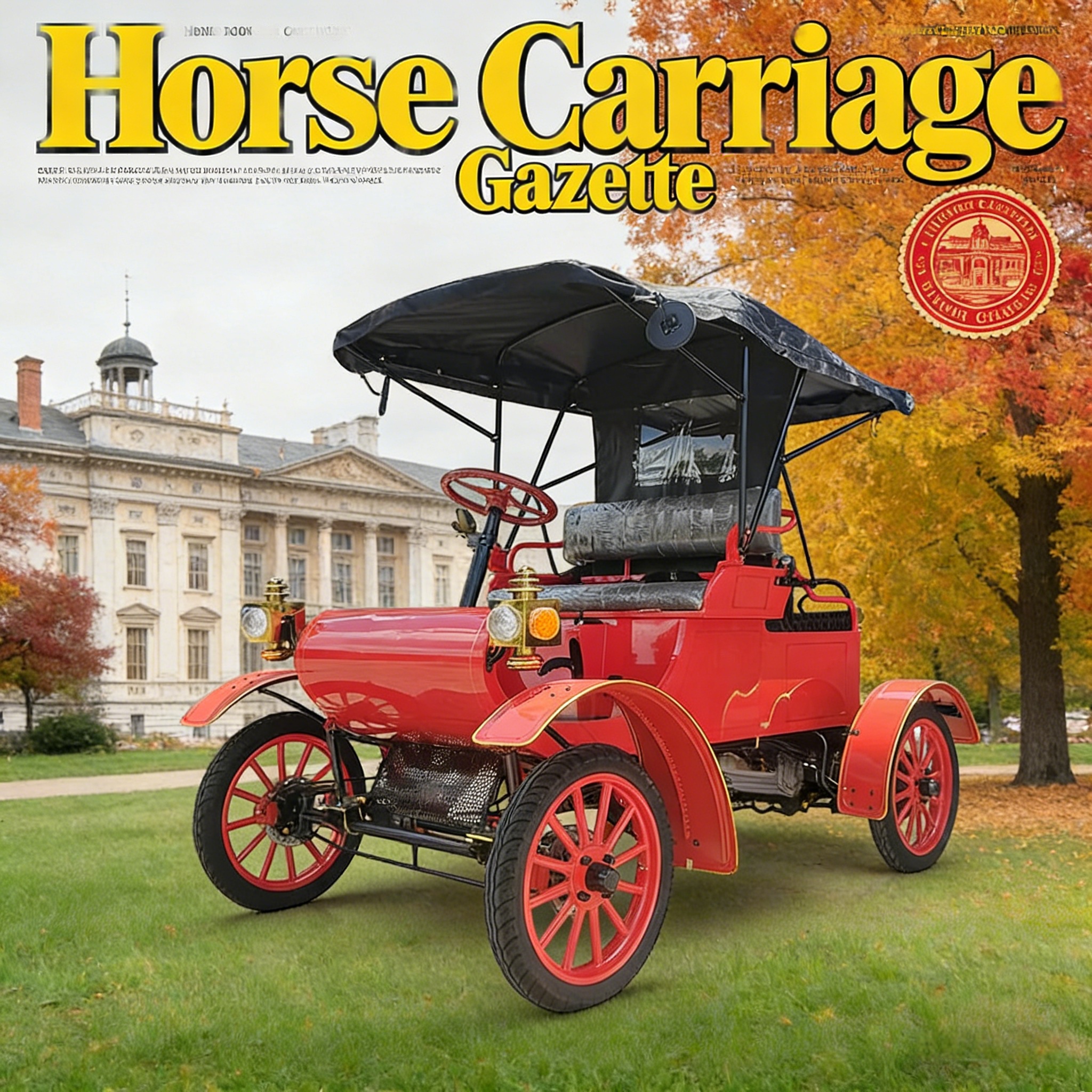 سيارة كهربائية قديمة حمراء - مشهد غلاف مجلة 'Horse Carriage Gazette' (بهندسة معمارية على الطراز الأوروبي)